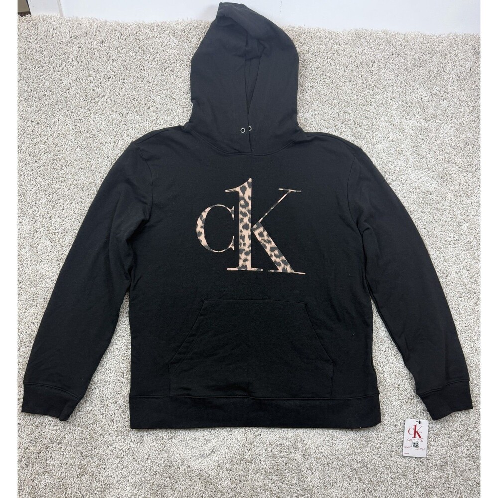 NWT Calvin Klein CK One Womens L Black Leopard Logo Pullover Hoodie Sweatshirt